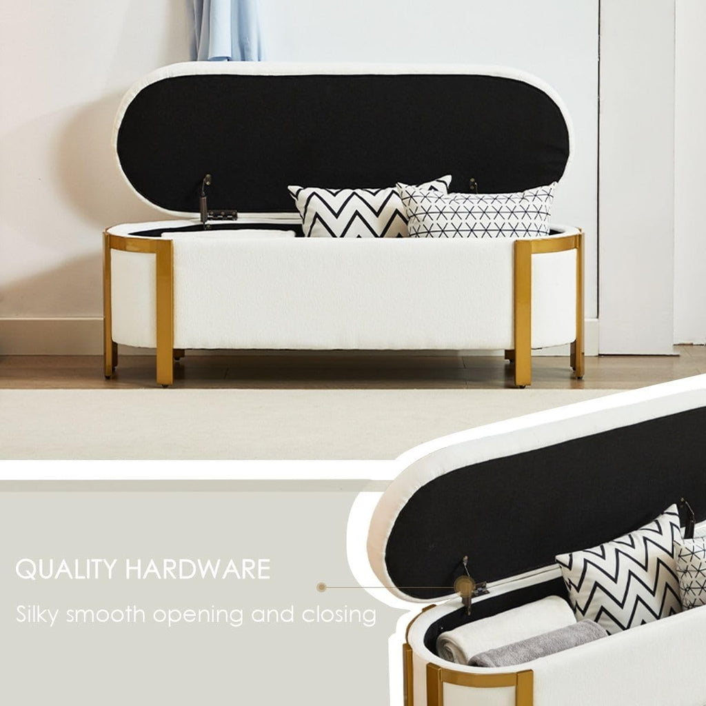 Hyfirm 48' Storage Ottoman Bench – White Chenille Upholstered Footrest with Gold Legs, Long Oval Padded Stool for Bedroom, End of Bed, Living Room, Entryway, Hallway