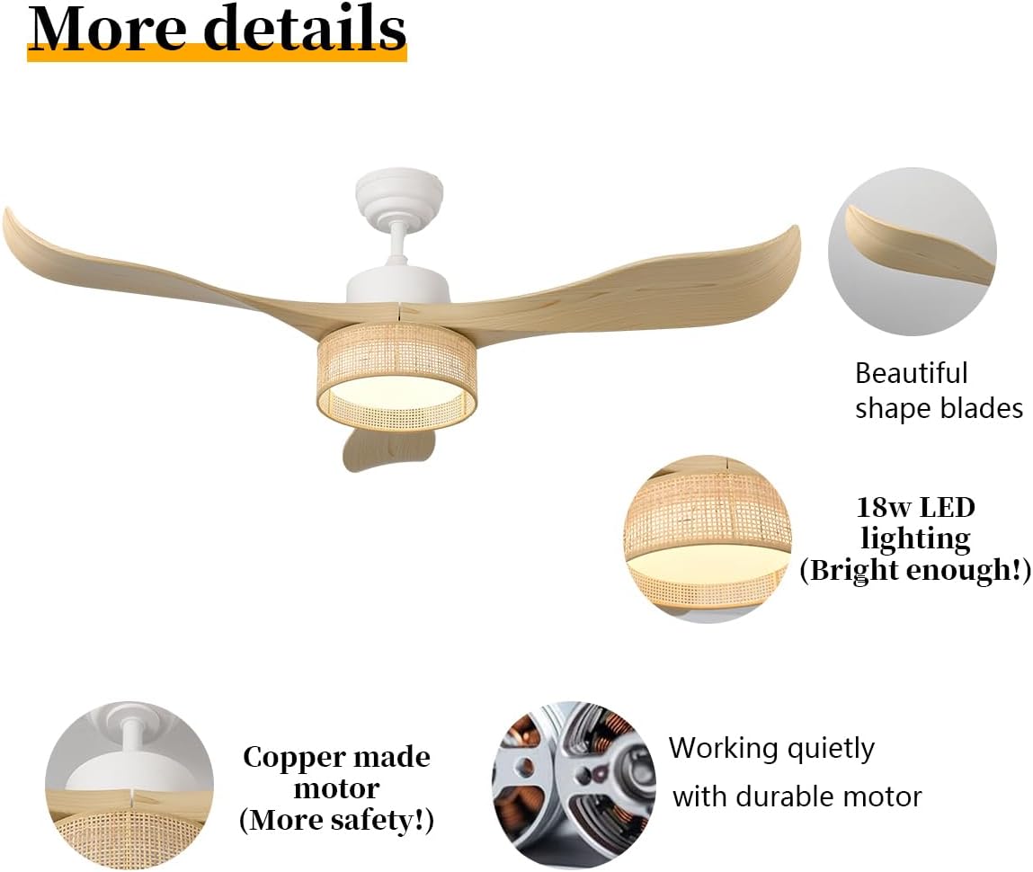 Eamonex 52 inches LED Bamboo DC Ceiling Fan with Light Fixture and Remote Control,Boho Wooden Bohemian Dimmable Rattan Wicker Fandelier for Indoor,Outdoor,Bedroom,Living room,Dining room