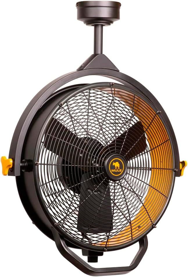 MULE GARAGE FAN, CEILING MOUNTED PLUG-IN CORD, 3 SPEED, POWERFUL 3000 CFM, INCLUDES 6-IN AND 12-IN DOWNRODS BLACK/YELLOW