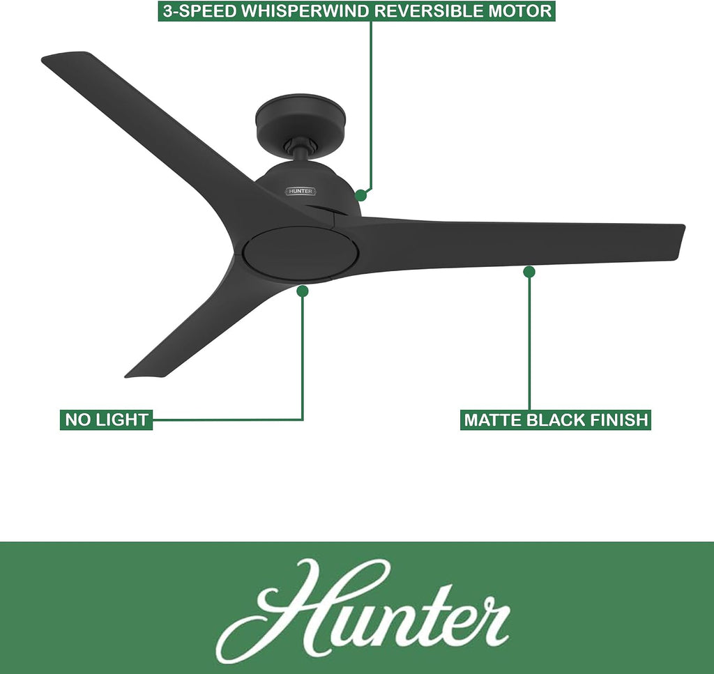 Hunter Fan 52 inch Ceiling Fan with No Light, Outdoor or Indoor Matte Black Ceiling Fan for Porch, Living Room, Office, Kitchen, Garage, 3 Blades (Renewed)