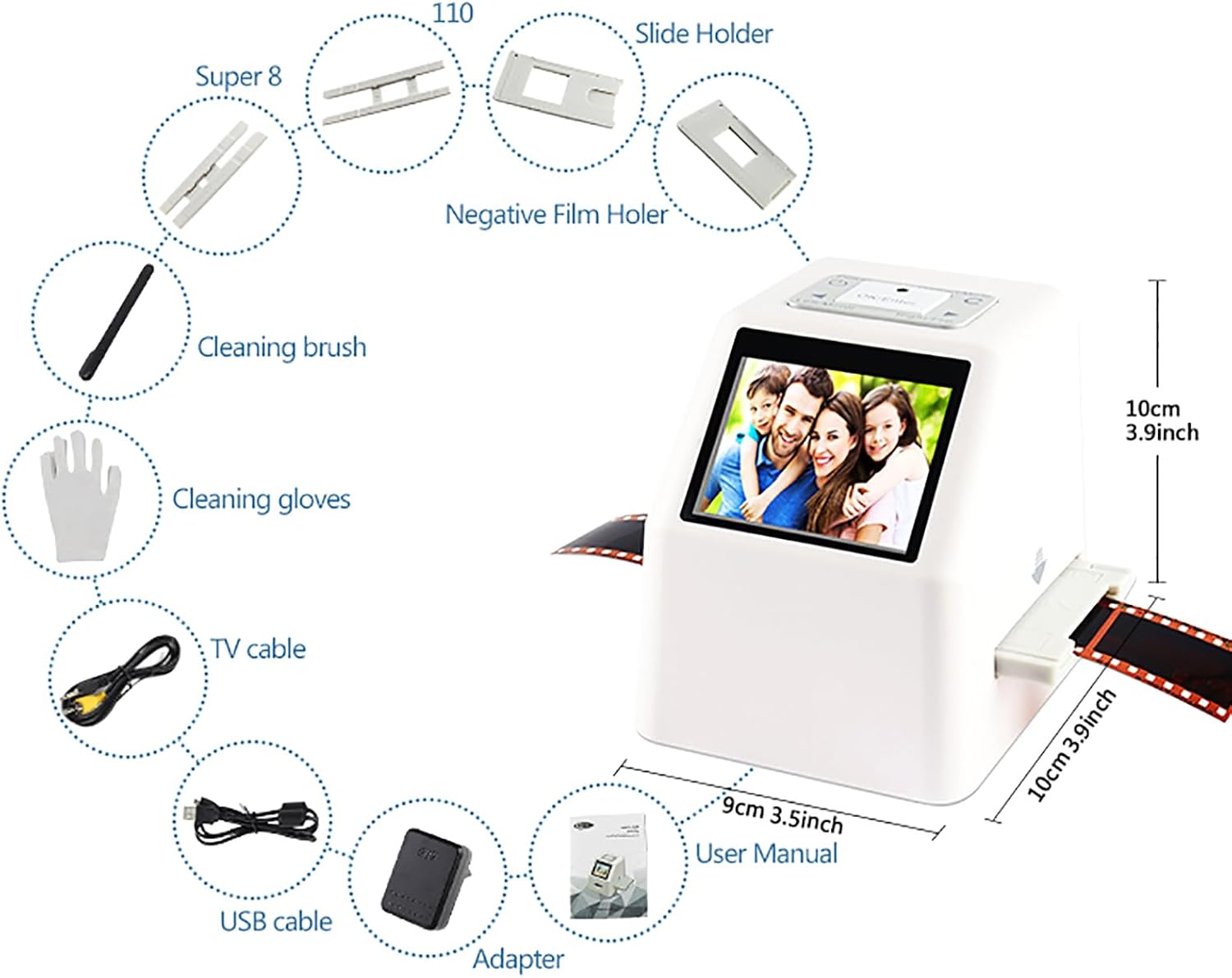 Slide Negative Scanner, Film Scanner Transfer Machine with 2.4' LCD Screen, Converts 135mm/126/110kpk/Super 8 Film Negatives Slides to 20 Megapixel JPEG Images, for Gift, Family Gathering