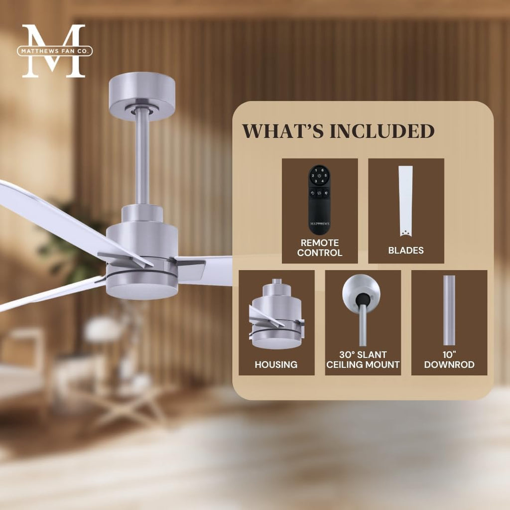Matthews AK-BN-MWH-42 Alessandra Wet Rated 42' Outdoor Ceiling Fan without Light, Remote Included, Silent DC Motor, Brushed Nickel with Matte White