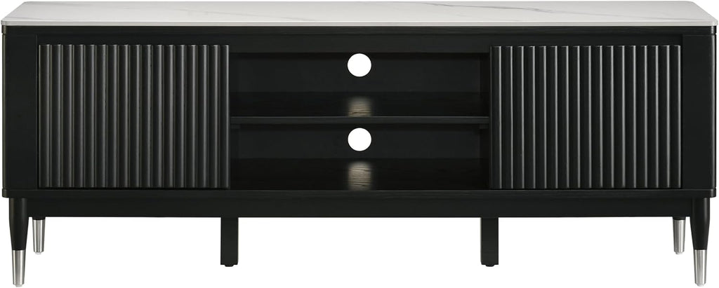 Furniture of America Miranda Modern Solid Wood 71-inch TV Stand with Sintered Stone Top, Reeded Front Panels, Open Shelf, Cable Management for Living Room, Black and White