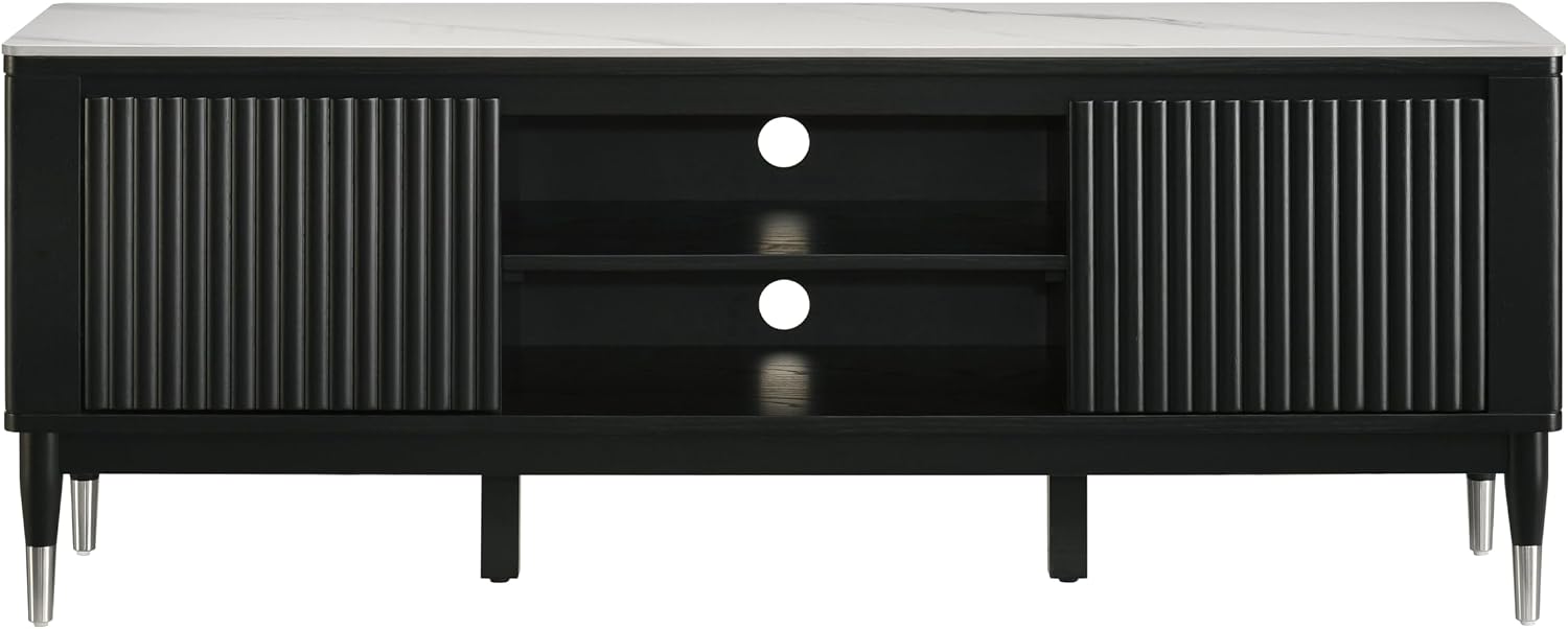 Furniture of America Miranda Modern Solid Wood 71-inch TV Stand with Sintered Stone Top, Reeded Front Panels, Open Shelf, Cable Management for Living Room, Black and White