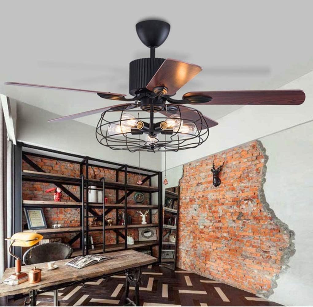 52Inch Industrial Ceiling Fan with Light, Vintage Metal Cage Ceiling Fans Reversible Retro 5 Wood Blades Remote 3 Speeds Timer Light Fixture for Living Room Farmhouse Dining Room Kitchen