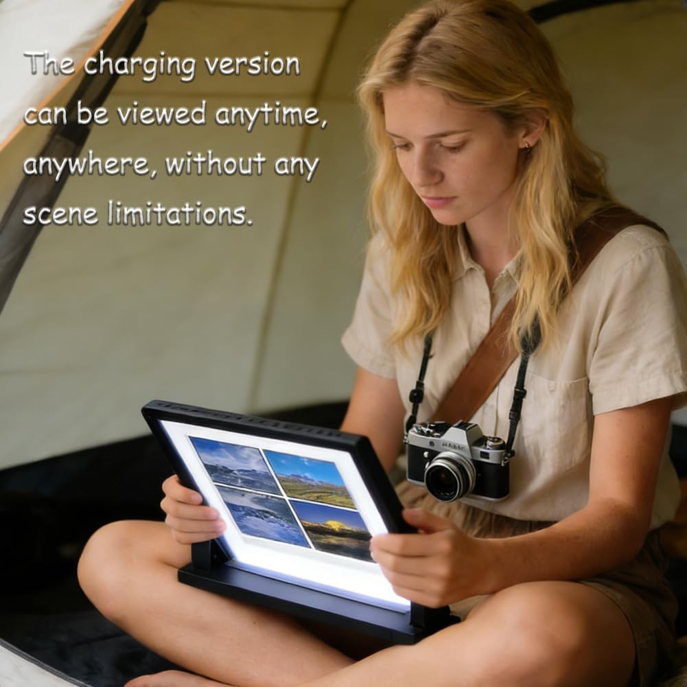 Portable Led Slide Viewer Light Box, Old Film Negative Scanner, Three Color Temperatures Adjustable, Ultra Thin Light Pad, Adjustable Brightness, Rechargeable, Long Standby Time, Comes with Stand