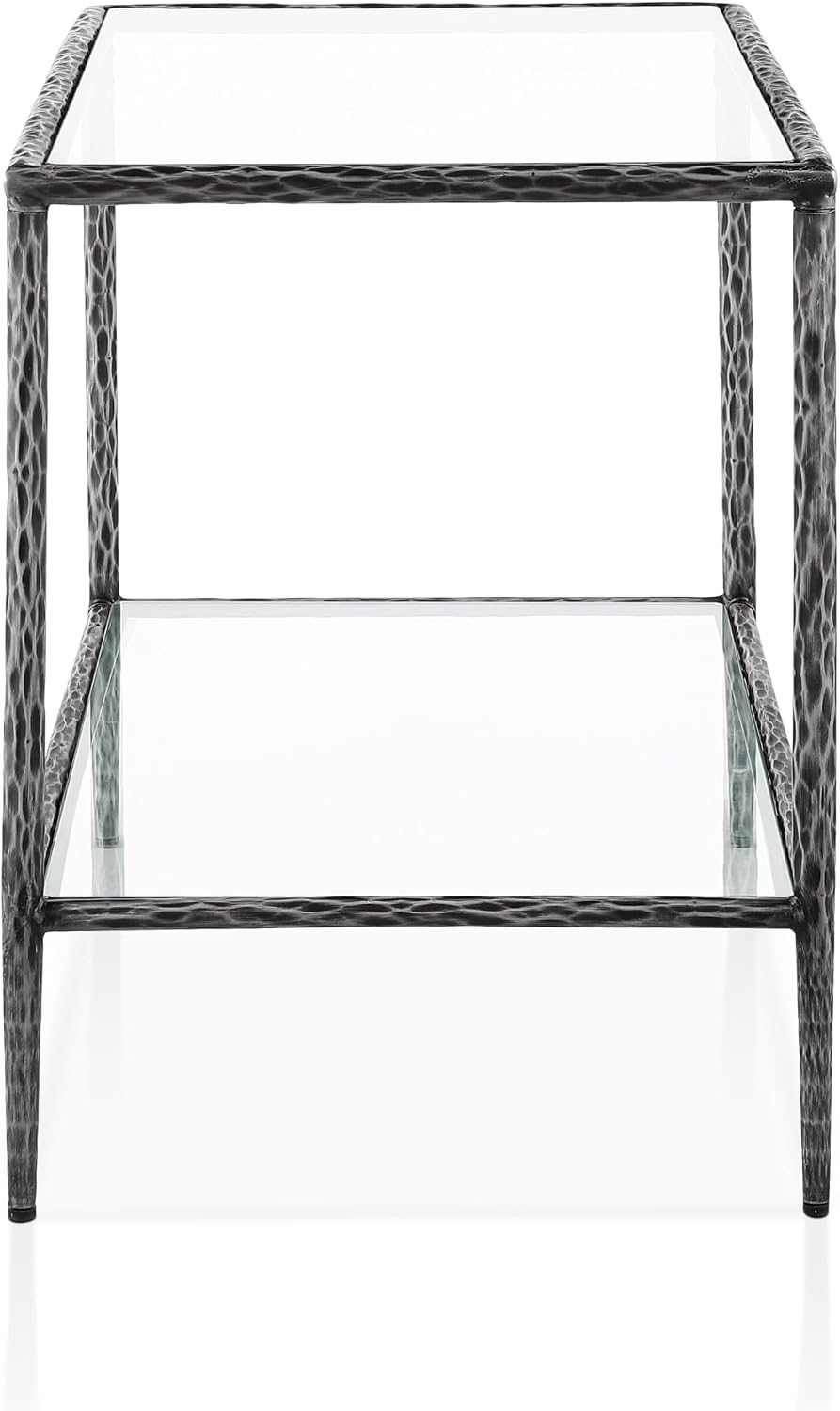 24/7 Shop at Home Lalia Hammered Metal 2-Piece Bedroom Collection, Upholstered Bed Frame with Beige Fabric Headboard, Forged Steel and 1-Shelf Nightstand, Foundation Required, Queen, Matte Grey