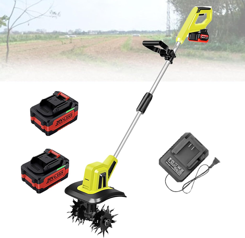 Electric Tiller, Cordless Electric Garden Rotavator - 25cm Working Width, 22cm Working Depth, 20V Soil Cultivator - Tiller with Safety Switch 2batteries