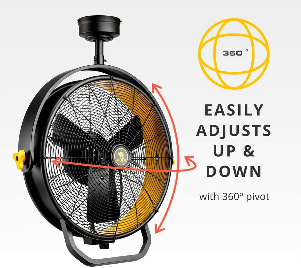 MULE GARAGE FAN, CEILING MOUNTED PLUG-IN CORD, 3 SPEED, POWERFUL 3000 CFM, INCLUDES 6-IN AND 12-IN DOWNRODS BLACK/YELLOW