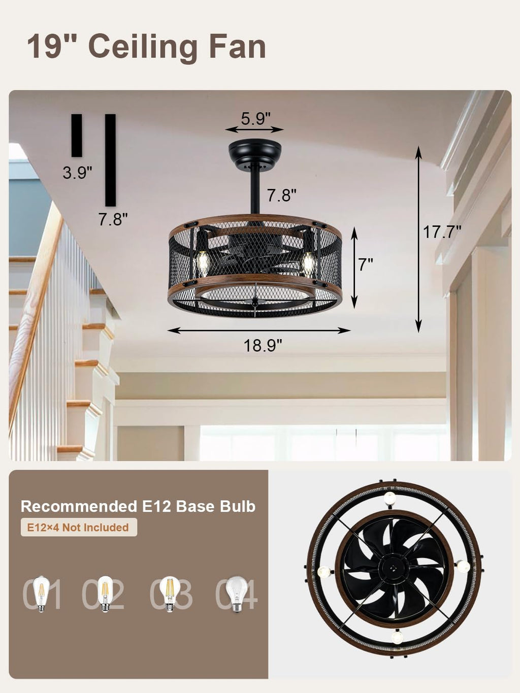 20 Inch Black Farmhouse Caged Ceiling Fan with Light and Remote Control, Retro Industrial Enclosed Rustic Ceiling Fan for Bedroom Living Room