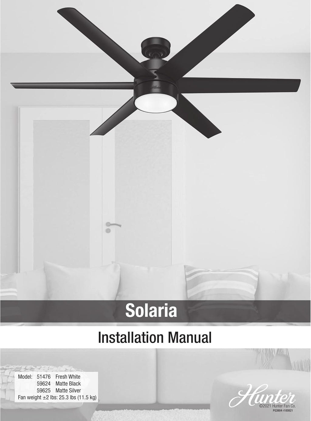 Hunter 60 inch Outdoor or Indoor Ceiling Fan with LED Light - Ceiling Fan with Wall Control, For Patio, Garage, or Porch, Quiet, Standard Mount, 6 Blades - Solaria 59625, Matte Silver