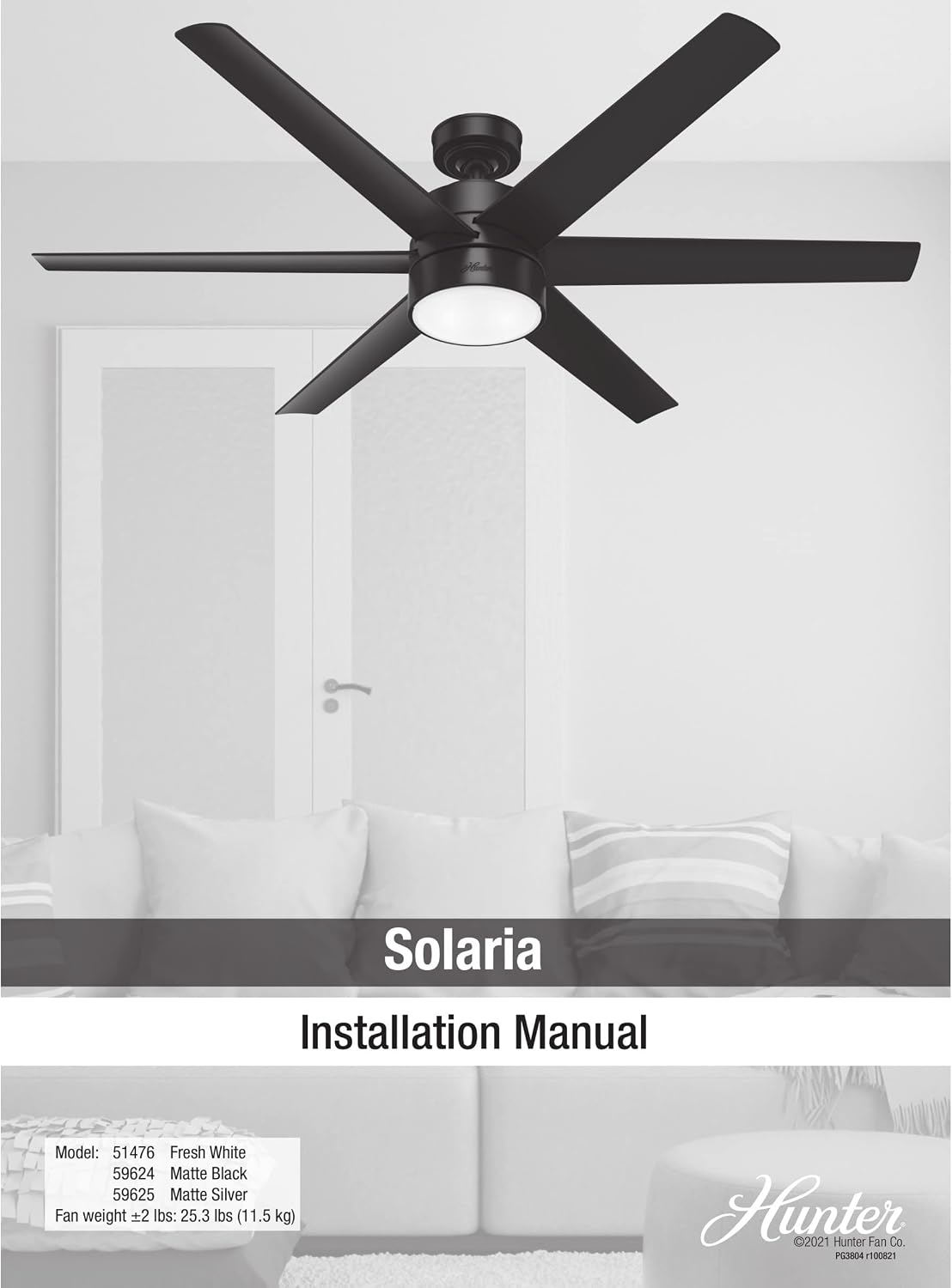 Hunter 60 inch Outdoor or Indoor Ceiling Fan with LED Light - Ceiling Fan with Wall Control, For Patio, Garage, or Porch, Quiet, Standard Mount, 6 Blades - Solaria 59625, Matte Silver