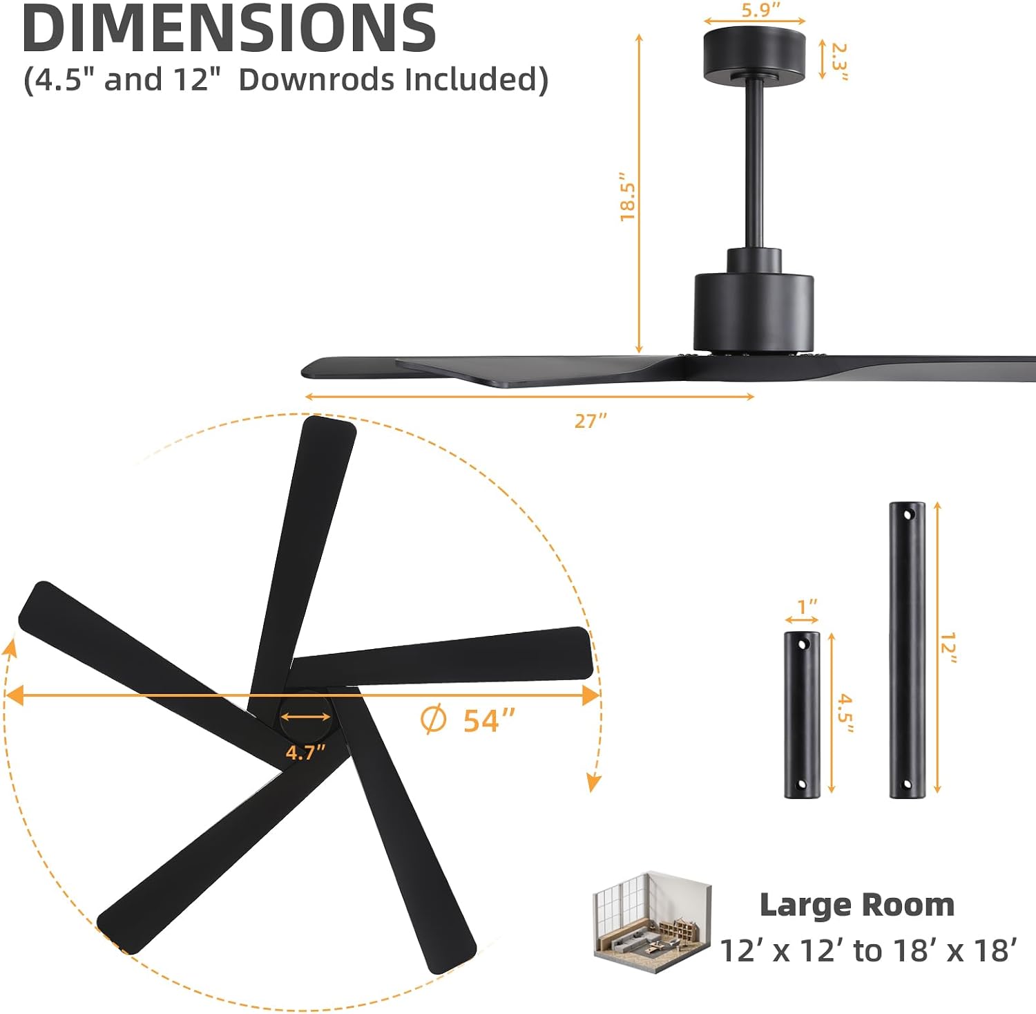 WINGBO 54' ABS DC Ceiling Fan No Light, 5 Blade ABS Plastic Ceiling Fan with Remote, 6-Speed Reversible DC Motor, Ceiling Fans without Light for Kitchen Bedroom Living Room, Matte Black