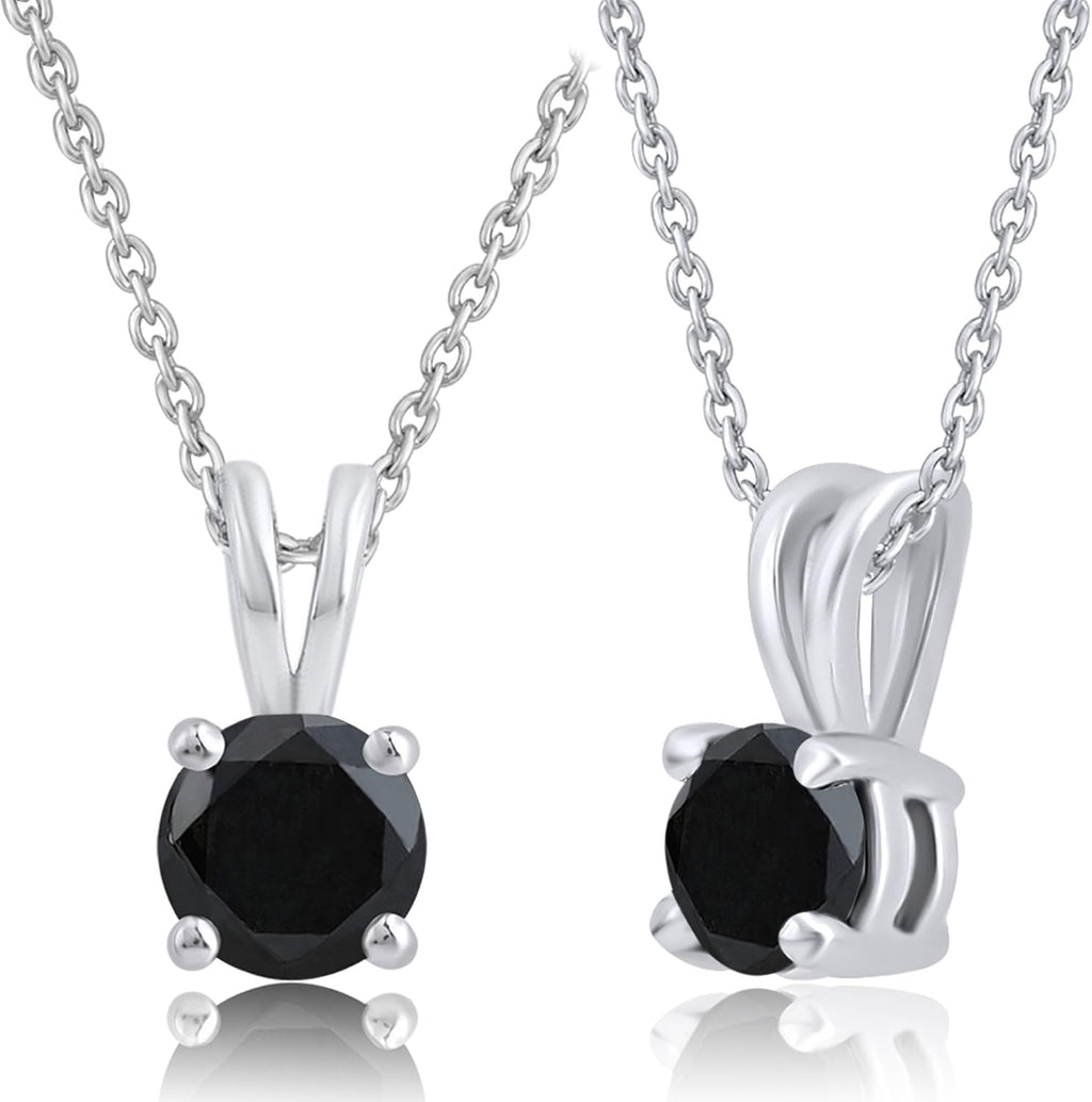 DEWBERRY 1/4 cttw to 2.00 cttw Round Black Diamond Solitaire Pendant Necklace for Women Men | 4 Prong Lobster Lock 18' Cable Chain Necklace in 14KT White or Yellow Gold Plating 925 Silver Pendant