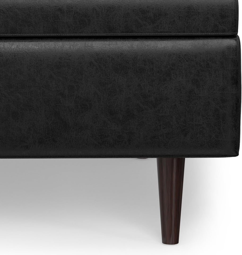 SIMPLIHOME Shay 38 inch Wide Mid Century Modern Large Square Coffee Table Storage Ottoman in Distressed Black Vegan Faux Leather, Assembled, for the Living Room and Entryway