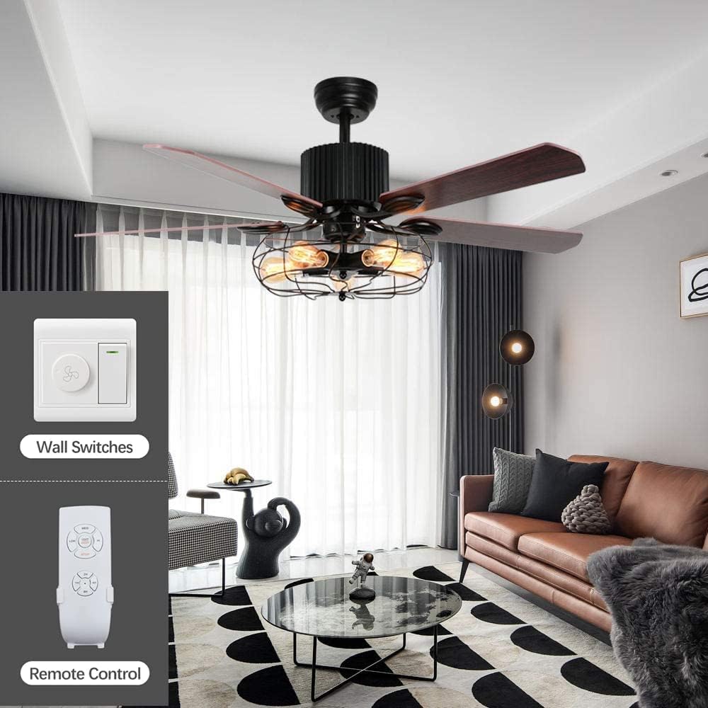 52Inch Industrial Ceiling Fan with Light, Vintage Metal Cage Ceiling Fans Reversible Retro 5 Wood Blades Remote 3 Speeds Timer Light Fixture for Living Room Farmhouse Dining Room Kitchen
