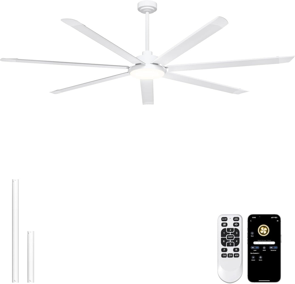 Ohniyou 84'' Large Ceiling Fan with Lights, High CFM Industrial Ceiling Fan Remote/APP Control, 7 Aluminum Blades, 3CCT, for Warehouse, Shop, Garage, White