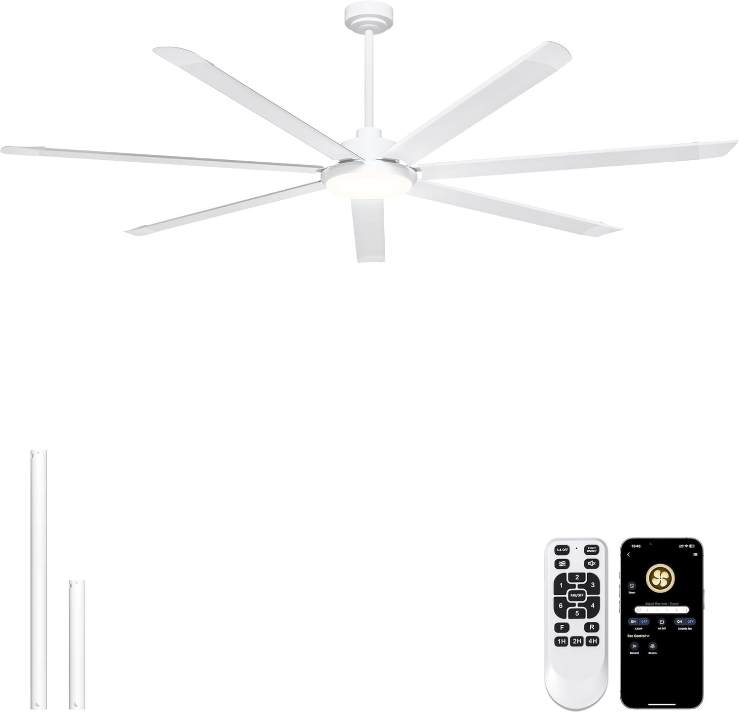Ohniyou 84'' Large Ceiling Fan with Lights, High CFM Industrial Ceiling Fan Remote/APP Control, 7 Aluminum Blades, 3CCT, for Warehouse, Shop, Garage, White