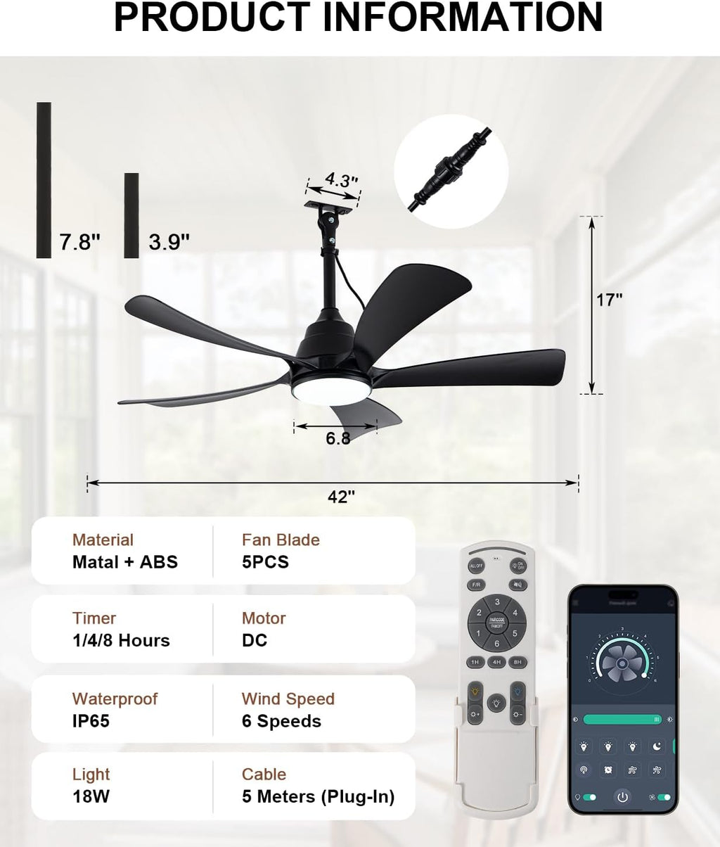 42' Outdoor Waterproof Ceiling Fan with 3 Color LED Light,App/Remote Control,Quiet DC Motor,Plug-in Cord Hook Installation,IP65 Gazebo Ceiling Fan with Light for Patios,Pergola,Canopy