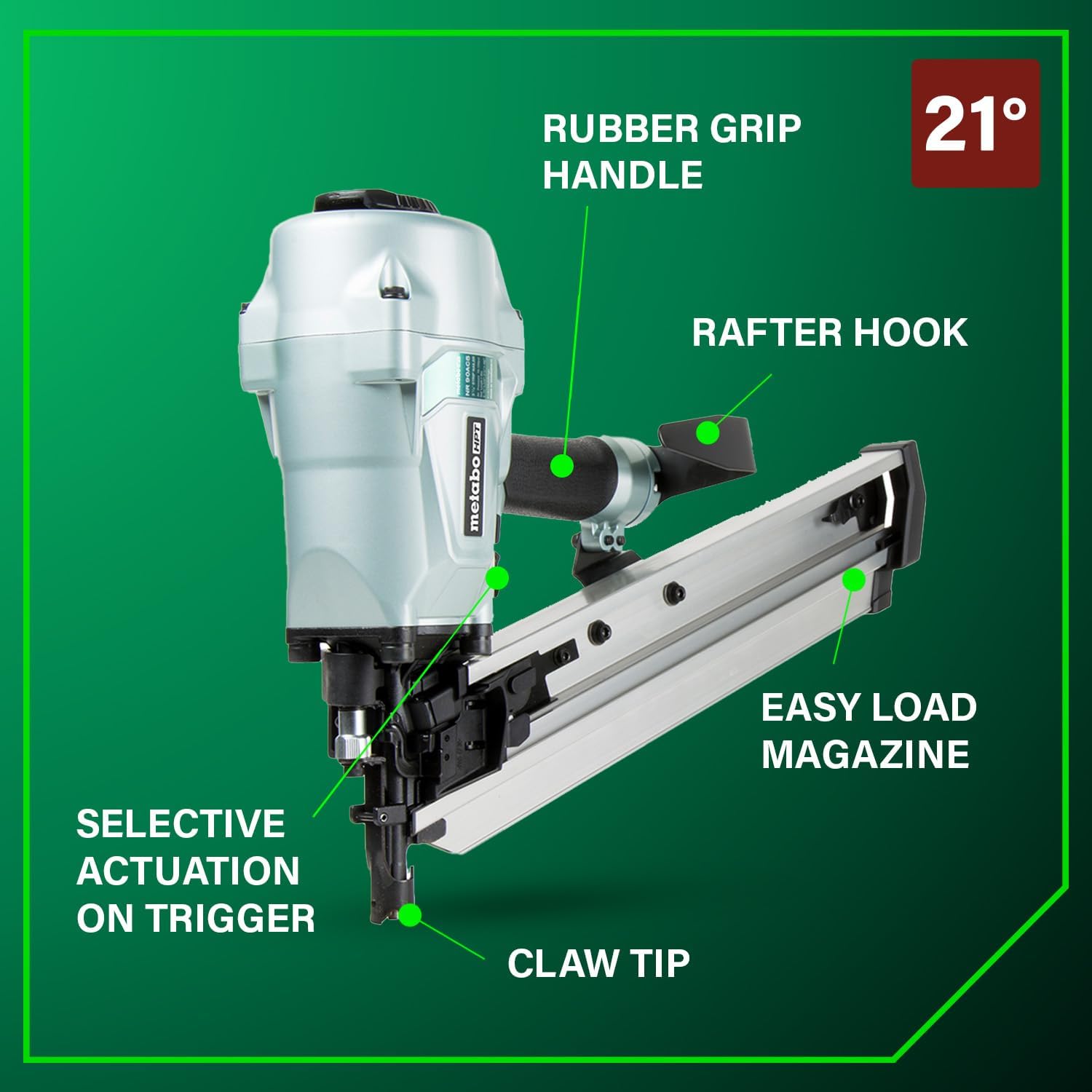 Metabo HPT Framing Nailer, Pro-Preferred Pneumatic Power Nailers in Framing Tools, Powerful Tool With Tool-less Depth Adjustment & Claw Tip, 21° 3-1/2' Plastic Collated Nails, NR90AC5