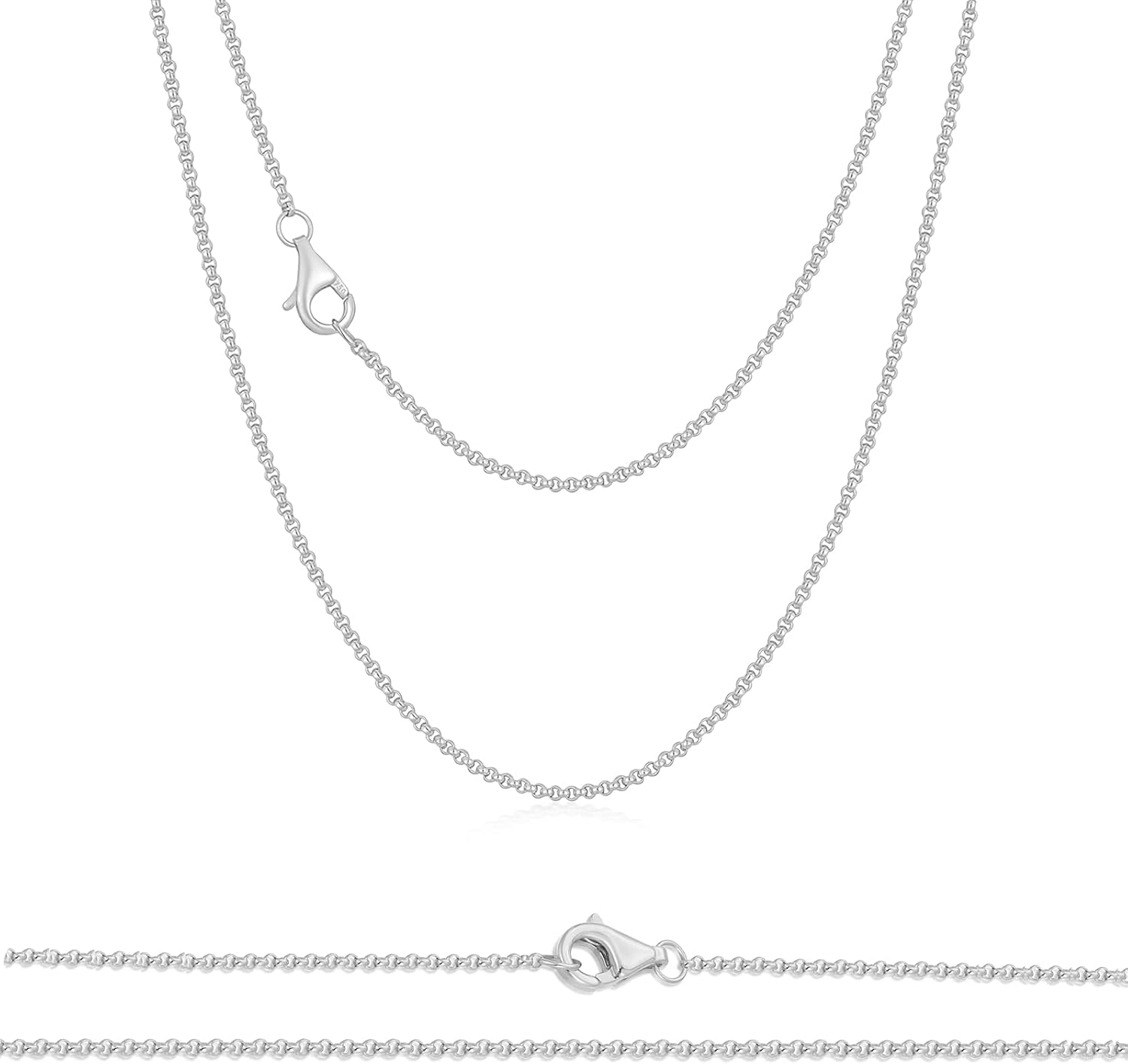 MRENITE Solid 18k Gold 1mm/1.1mm/1.3mm/3mm Round Rolo Cable Chain Necklace Gold Silver Chain Necklaces Lobster Clasp for Women 14' 16' 18' 20' 22' 24' 26' 28' 30'