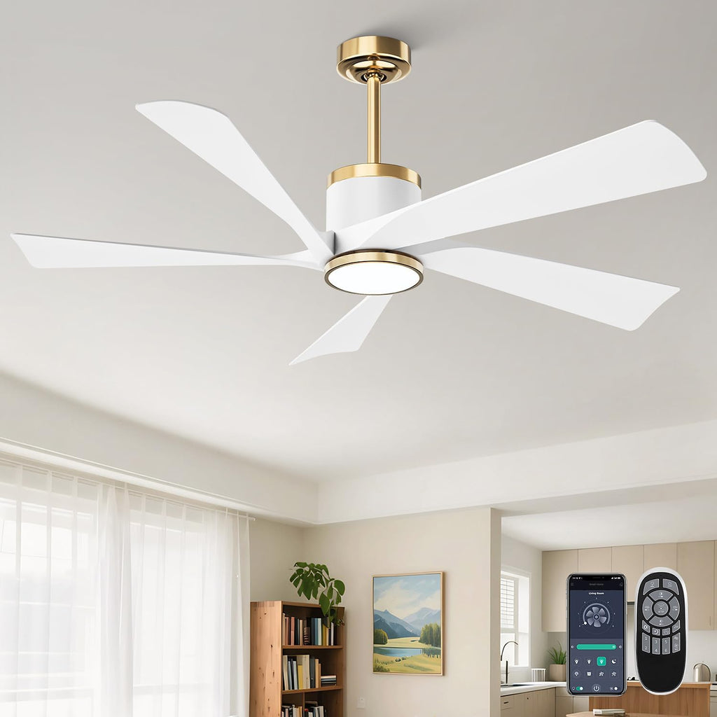 TXCSLY 52' Ceiling Fans with Lights and Remote, Modern Ceiling Fan with Light, Indoor Outdoor Ceiling Fan for Living Room, Bedroom, 5 Blade 3 Color Temperature LED Dimmable (White & Gold)