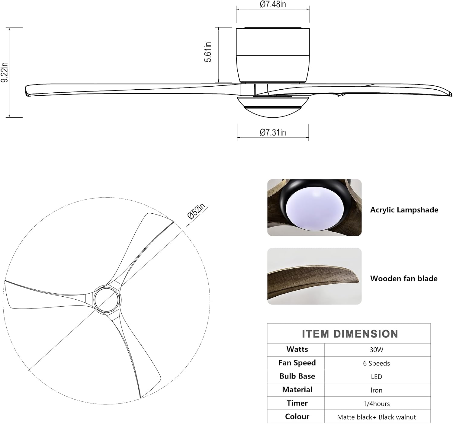 Ceiling Fans with Lights, 52 Inch Solid Wood Blades Ceiling Fan with Light and Remote Control, Noiseless Reversible Motor, 6 Speed, 3 Color Ceiling Fan for Patio Living Room, Bedroom,Indoor(Black)