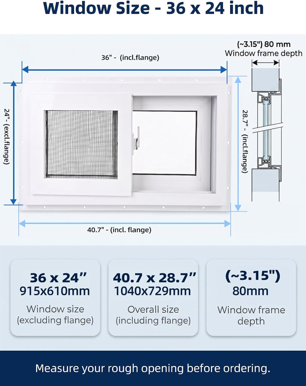 NOOTA EasyWing Basement Window 36' x 24' Double Tempered Glass, Removable Flange, Vinyl Sliding Window