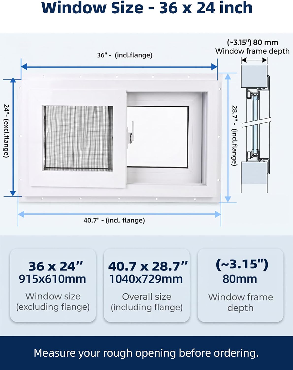 NOOTA EasyWing Basement Window 36' x 24' Double Tempered Glass, Removable Flange, Vinyl Sliding Window