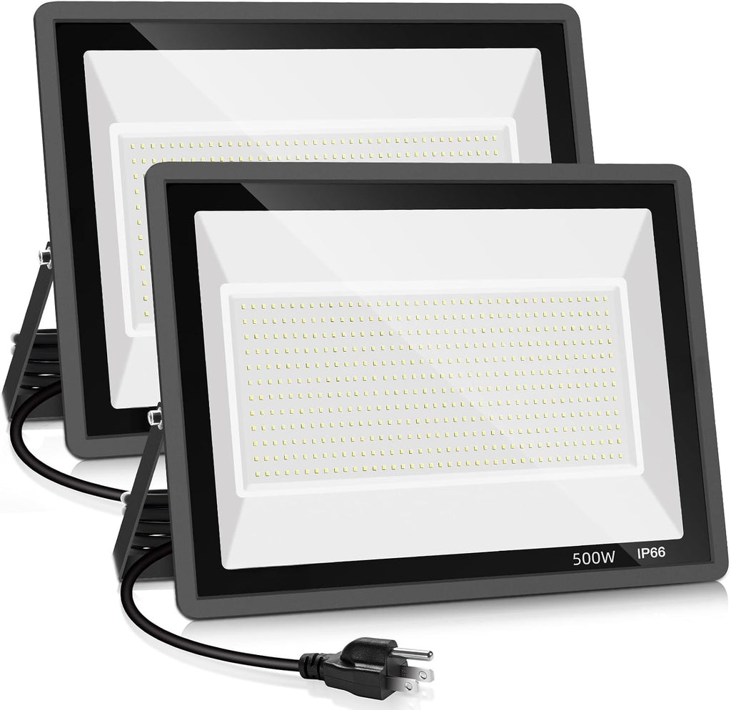 YANYCN 2 Pack 500W LED Flood Light Outdoor,2750W Equivalent Super Bright FloodLight with Plug,58600LM 5000K Daylight White IP66 Waterproof Commercial Lighting for Sports Fields,Counts,Arena,Stadium