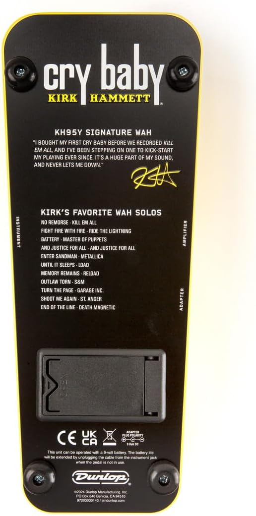 Dunlop KH95Y Kirk Hammett Cry Baby Wah Yellow Sparkle Edition - Bundle with 2 Patch Cables and Dunlop Custom Jazz III Guitar Picks