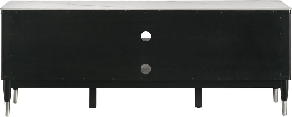 Furniture of America Miranda Modern Solid Wood 71-inch TV Stand with Sintered Stone Top, Reeded Front Panels, Open Shelf, Cable Management for Living Room, Black and White