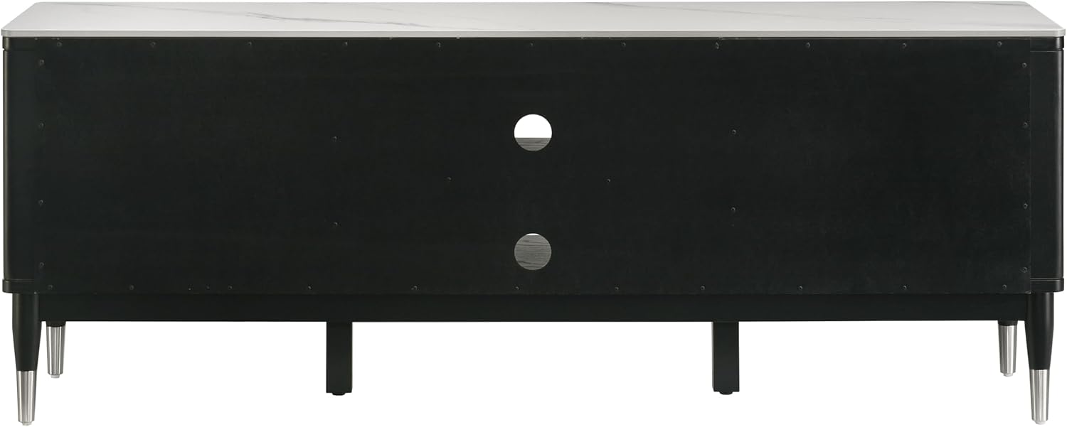 Furniture of America Miranda Modern Solid Wood 71-inch TV Stand with Sintered Stone Top, Reeded Front Panels, Open Shelf, Cable Management for Living Room, Black and White