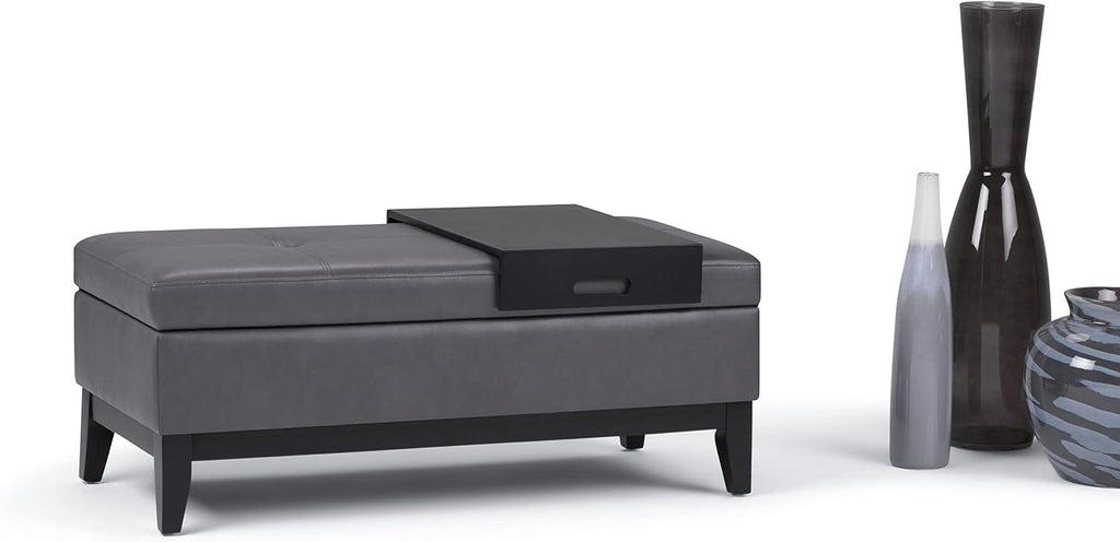 SIMPLIHOME Oregon Storage Ottoman Bench with Tray - 42 inch Wide Upholstered Vegan Leather Rectangle Storage Ottoman Bench in Stone Grey, Transitional Tufted Ottoman for Living Room with Lift-Up Lid