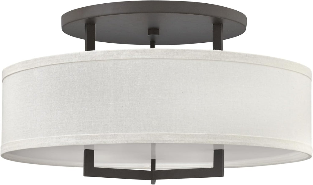 Hinkley Hampton Semi-Flush Three Light 26-in Dia. Ceiling Mount, Off-White Linen Drum Shade, Acrylic Diffuser, Buckeye Bronze Finish