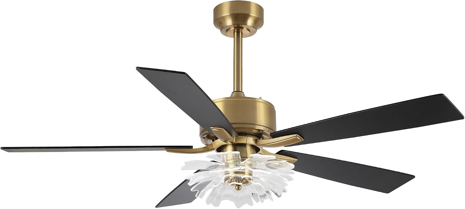 52 Inch Gold Ceiling Fans with Lights, Modern Black & Gold Ceiling Fan with Remote for Bedroom Living Room, PS Petal Chandelier Fan, 3CCT Dimmable, 6 Speeds, Quiet DC Motor Indoor Ceiling Fan