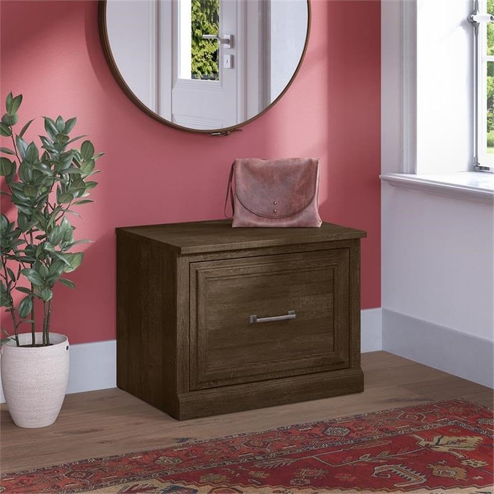 Bush Furniture Woodland 24W Small Shoe Bench with Drawer in Ash Brown | Narrow Footwear Organizer for Home Entryway, Mudroom, and Foyer
