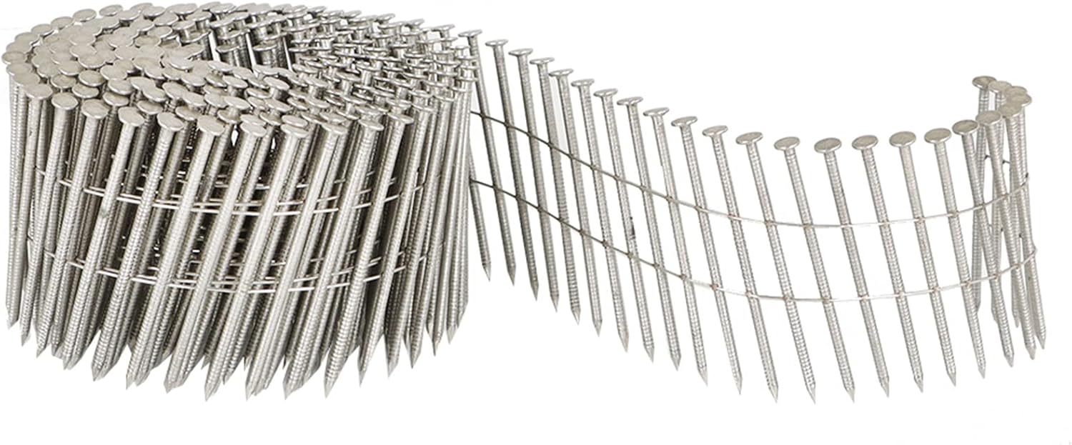 3600 Count Stainless Coil Siding Nails 15 Degree Coils 2-1/2 Inch, 0.09 Inch Ring Shank, Small Cap Coil Nail