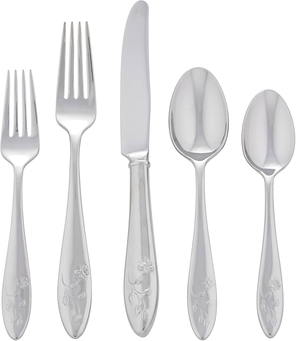 Lenox Silverware Set For 12, Butterfly Meadow 65-Piece Flatware Set, Service For 12, 18/10 Stainless Steel, Dishwasher Safe, Butterfly and Flower Motif, Includes Serving Utensils (Silver, 65 Piece)