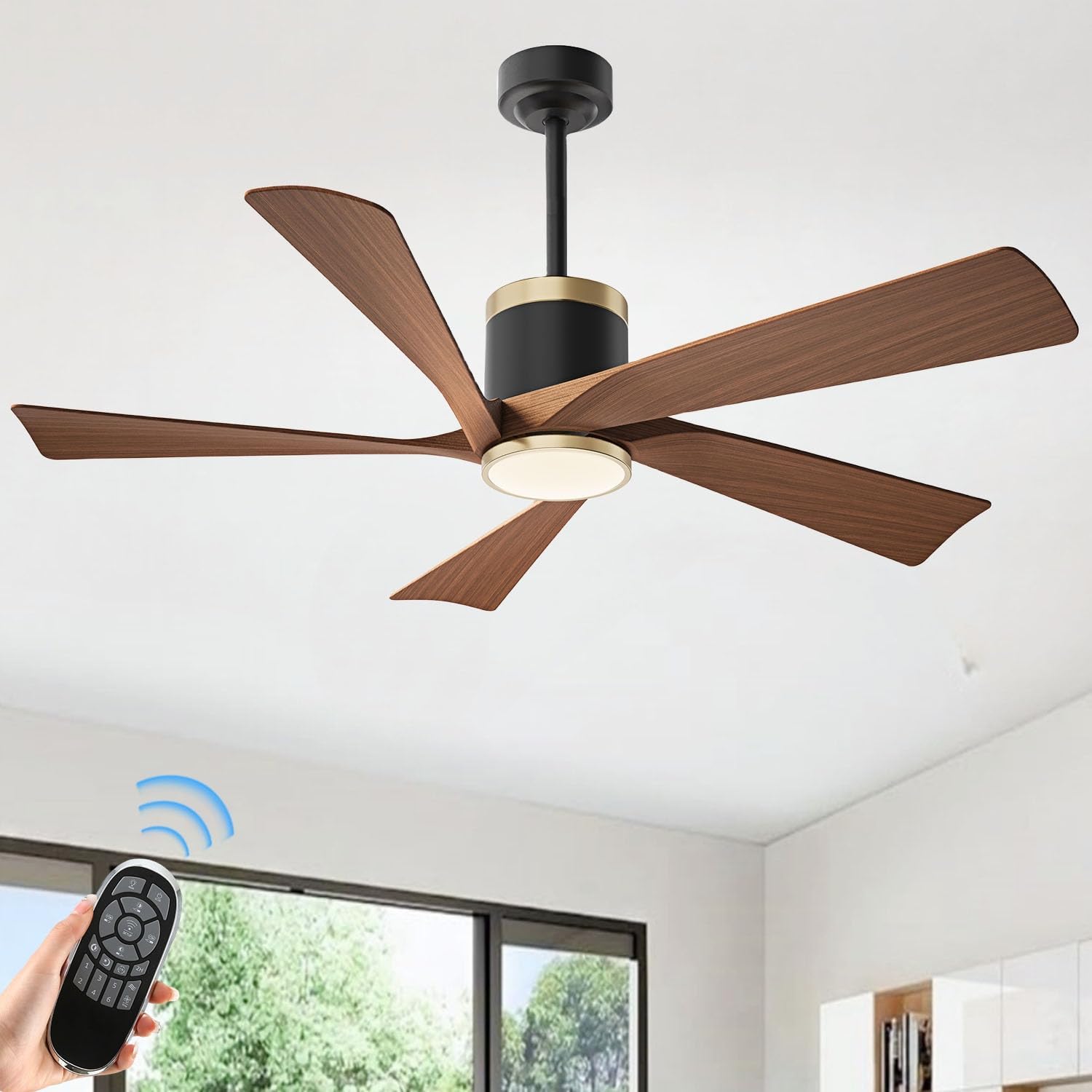 TXCSLY 52'' Ceiling Fans with Lights, Modern Ceiling Fan with Remote Control, Indoor Outdoor Ceiling Fan for Living Room,Bedroom 5 Blade 3 Color Tempearture (Walnut)