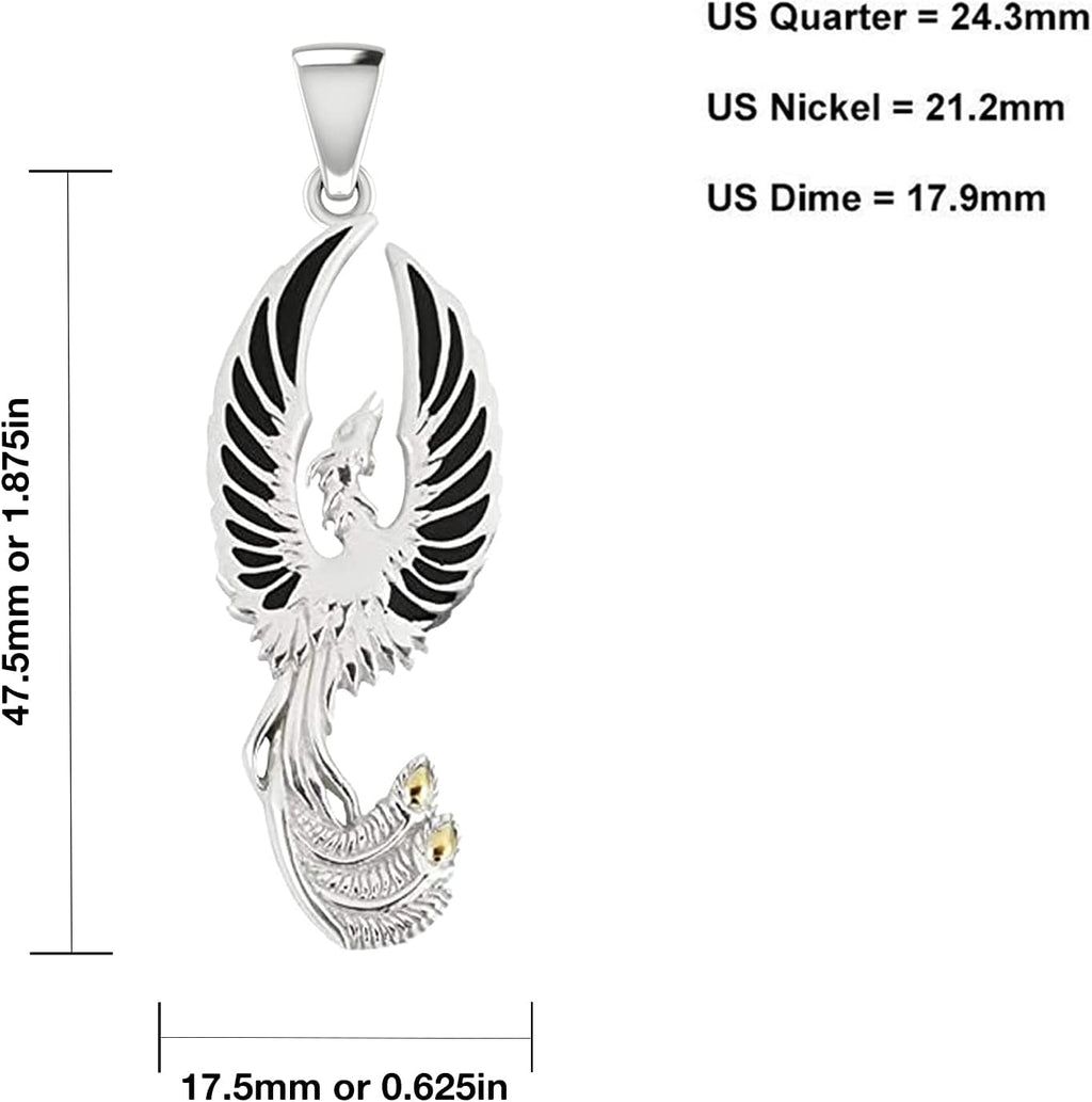 US Jewels Men's 925 Sterling Silver 47.5mm Flying Phoenix Pendant Necklace, 22in to 26in