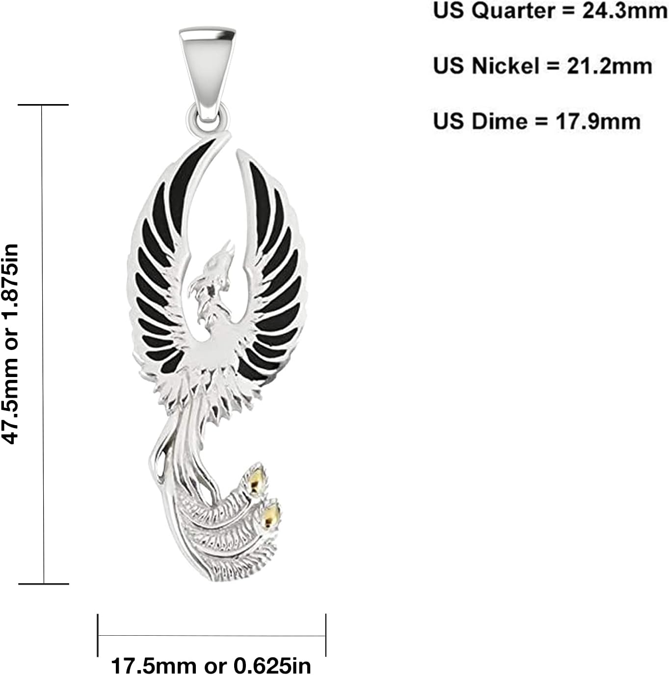 US Jewels Men's 925 Sterling Silver 47.5mm Flying Phoenix Pendant Necklace, 22in to 26in