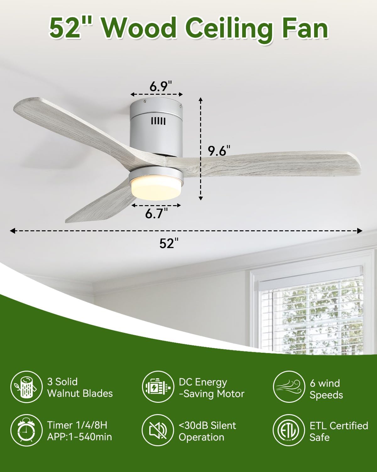Sofucor 52' Solid Wood Low Profile Ceiling Fan with Light, Outdoor Ceiling Fan with Light and Remote, works with Alexa/Google/App 3-Color 6-Speed Noiseless Reversible DC Motor for Bedroom Living Room