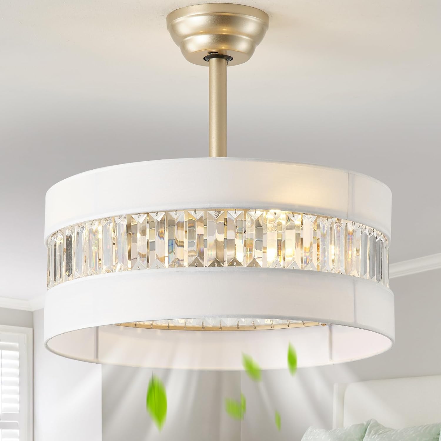 20' Gold Fandelier Ceiling Fan with Lights, Mid Century Gold Caged Ceiling Fans with Lights and Remote, Crystal with 6 Speeds for Bedroom, Living Room, Kitchen
