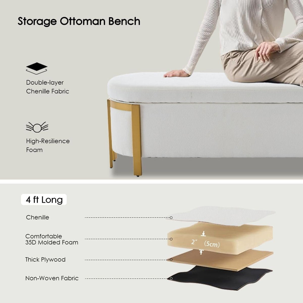 Hyfirm 48' Storage Ottoman Bench – White Chenille Upholstered Footrest with Gold Legs, Long Oval Padded Stool for Bedroom, End of Bed, Living Room, Entryway, Hallway