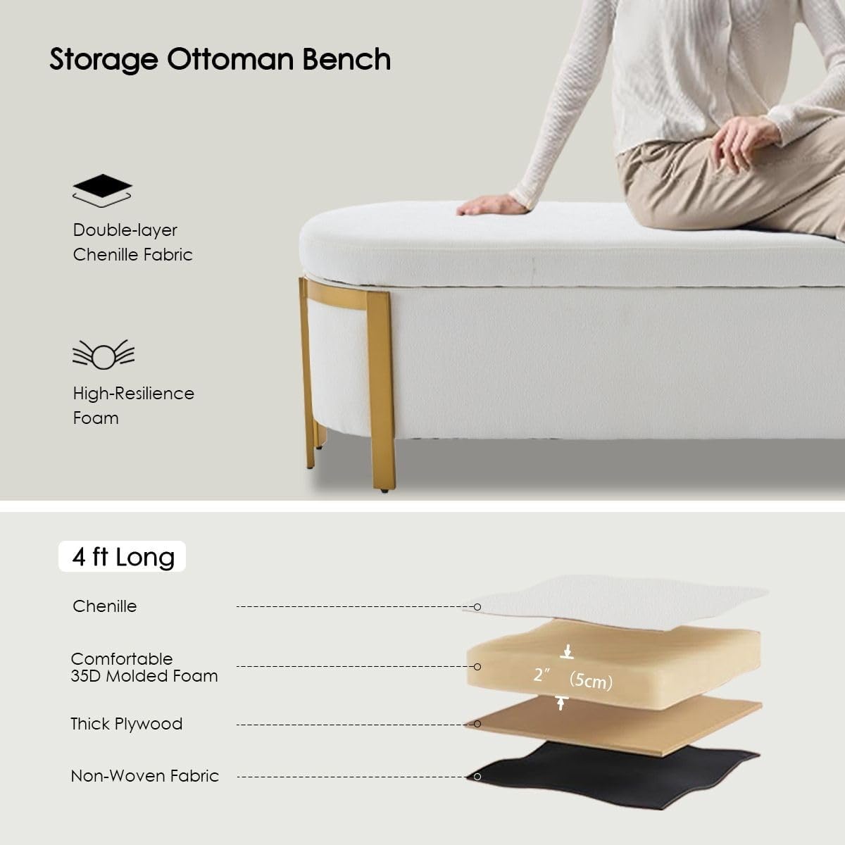 Hyfirm 48' Storage Ottoman Bench – White Chenille Upholstered Footrest with Gold Legs, Long Oval Padded Stool for Bedroom, End of Bed, Living Room, Entryway, Hallway