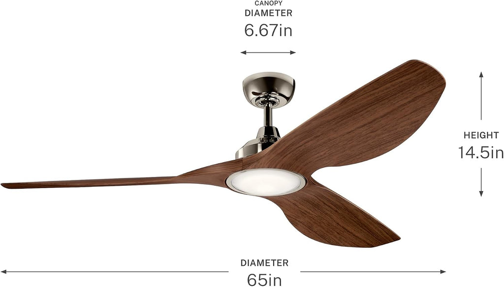 KICHLER 300365PN Protruding Mount, 3 walnut Blades Ceiling fan with 23 watts light, Polished Nickel