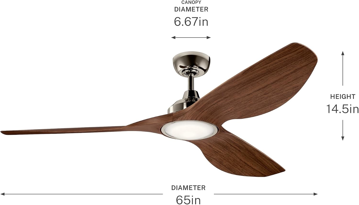 KICHLER 300365PN Protruding Mount, 3 walnut Blades Ceiling fan with 23 watts light, Polished Nickel