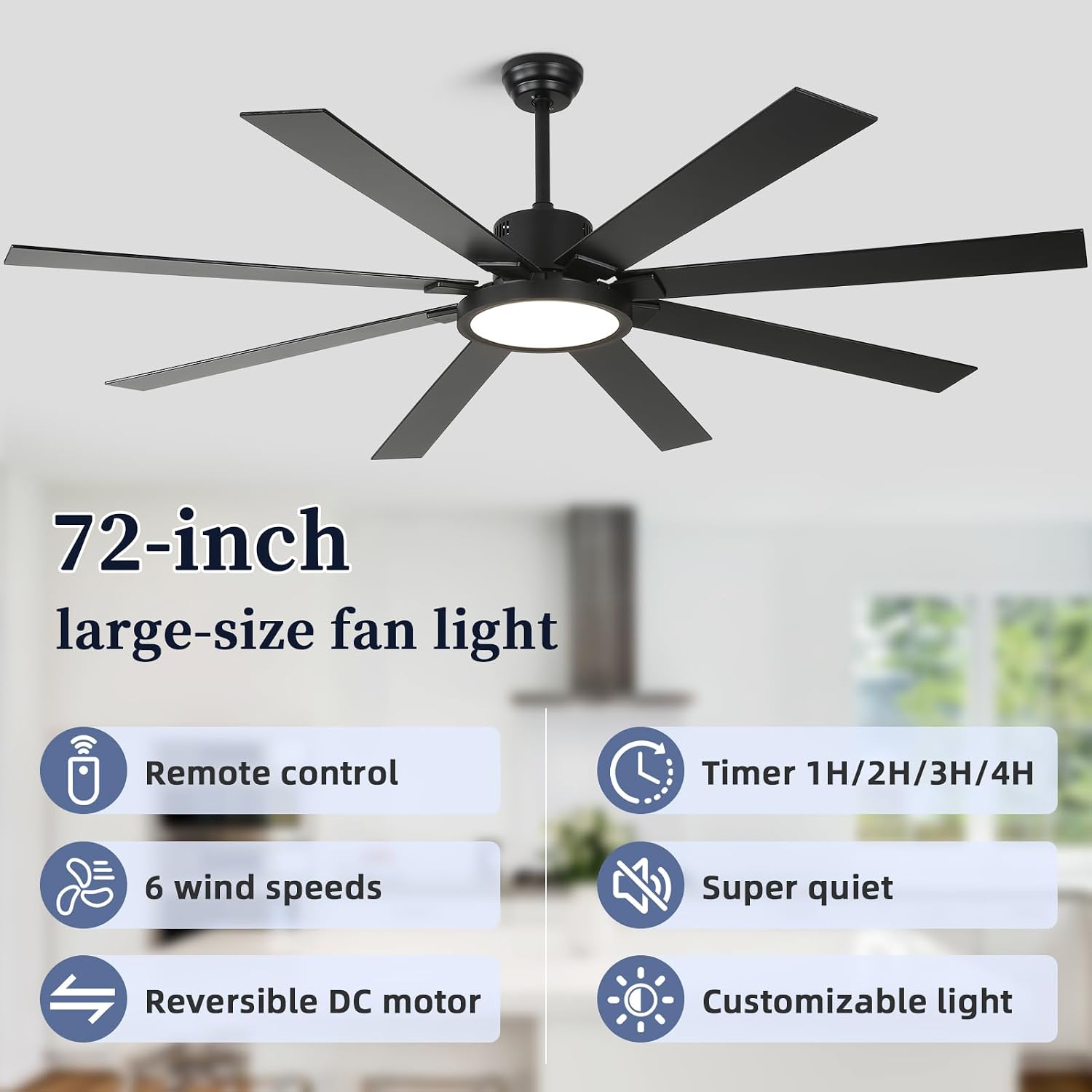 72 inch Ceiling Fans with Lights and Remote Control，Indoor/Outdoor Large Modern Ceiling Fan with 8 Blades, 3CCT, 6-Speed,Black Ceiling Fan for Patios/Garage/Shop/Living Room