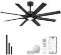 60 Inch Ceiling Fan with Light, Black Indoor Outdoor Ceiling Fan with 8 Aluminium Metal Blades, Smart Fan with Alexa, Modern Quiet Fan for Patio, Garage, Living Room, ZCCF05ABK-60